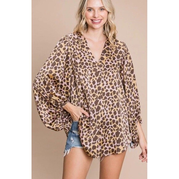 Jodifl Womens Blouse M Leopard Print Long Bubble Sleeve Relaxed Fit Work Career - Picture 1 of 9